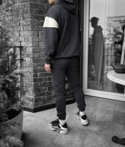 Мужской Темно-Серый Графитовый Костюм с Белыми Вставками - Худи Оверсайз + Штаны Джоггеры