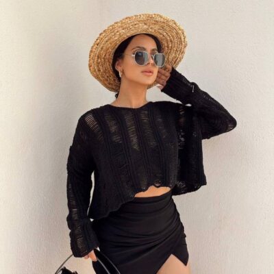 Женская Коттоновая Черная Кофта - Рваная Укороченная