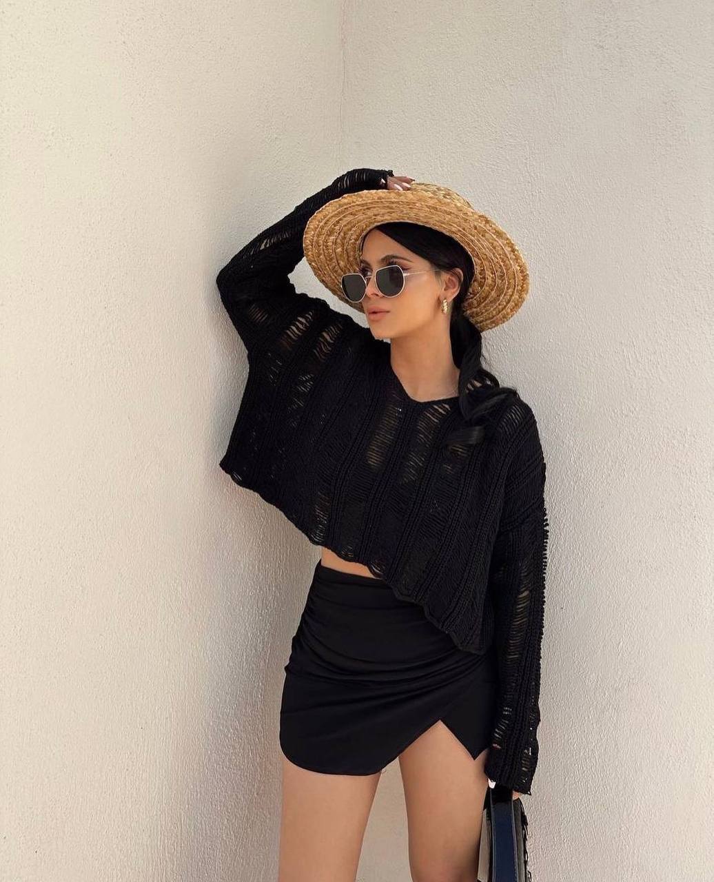 photo_2023-03-27_09-21-27 Женская Коттоновая Черная Кофта - Рваная Укороченная