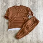 Мужской Базовый Коричневый Летний Костюм Комплект - Футболка Оверсайз + Штаны Джоггеры