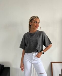 Женская Винтажная Графитовая Футболка Оверсайз - Свободная Однотонная Варенка