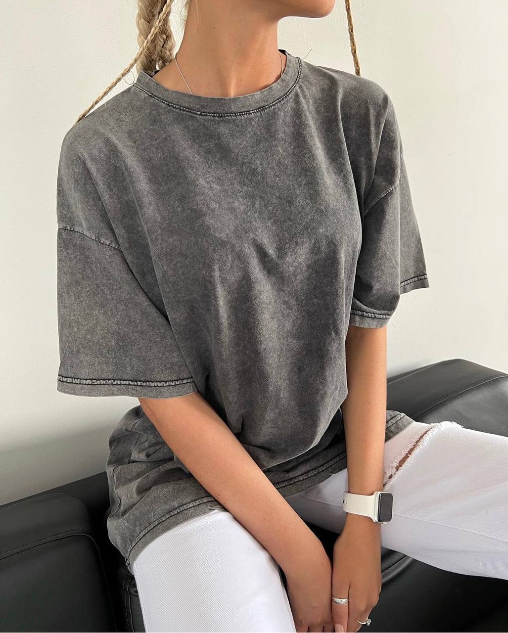 photo_2023-05-11_09-39-12 Женская Винтажная Графитовая Футболка Оверсайз - Свободная Однотонная Варенка