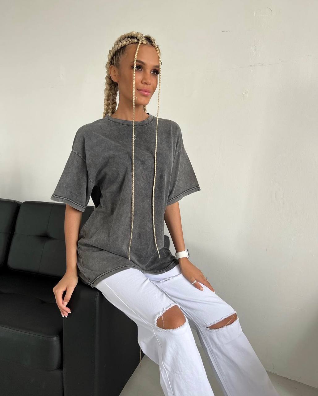 photo_2023-05-11_09-39-13 Женская Винтажная Графитовая Футболка Оверсайз - Свободная Однотонная Варенка