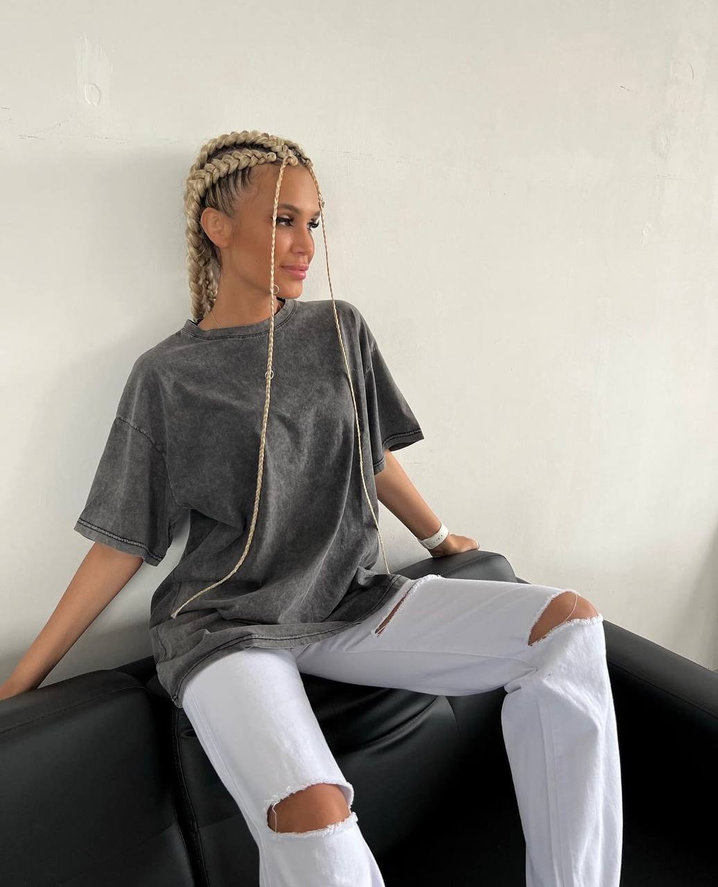 photo_2023-05-11_09-39-14 Женская Винтажная Графитовая Футболка Оверсайз - Свободная Однотонная Варенка