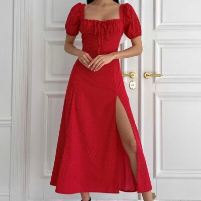 Женское Красное Платье Есения - Длинное Макси в Мелкий Горошек с Квадратным Декольте на Завязке