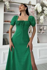 Женское Зеленое Платье Есения - Длинное Макси в Мелкий Горошек с Квадратным Декольте на Завязке