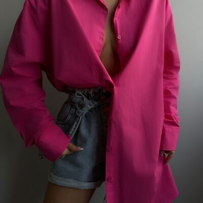 Женская Хлопковая Розовая Рубашка - Удлиненная Свободная на Пуговицах