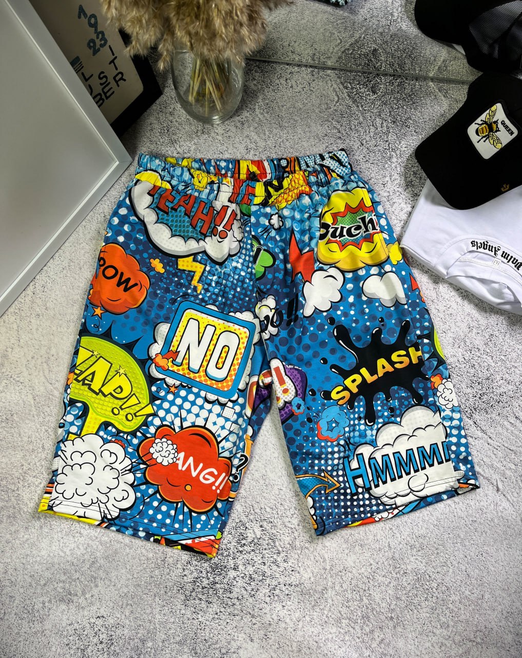 photo_2023-05-29_08-49-00 Мужские Голубые Шорты в Яркий Разноцветный Принт - Летние Коттоновые на Резинке
