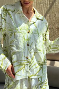 Женский Льняной Летний Белый Костюм Ямайка в Принт - Топ + Рубашка + Шорты