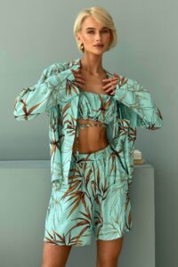 Женский Льняной Летний Бирюзовый Костюм Ямайка в Принт - Топ + Рубашка + Шорты