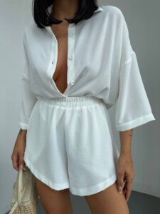 Женский Летний Легкий Белый Костюм Свободного Кроя - Рубашка + Шорты