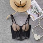 Женский Черный Топ Корсет из Сеточки с Чашечками и Фигурным Вырезом