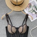 Женский Черный Топ Корсет из Сеточки с Чашечками и Фигурным Вырезом