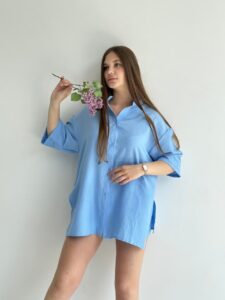 Женский Летний Голубой Костюм Свободного Кроя - Рубашка с Укороченными Рукавами + Шорты на Резинке