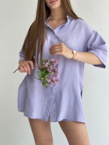 Женский Летний Сиреневый Костюм Свободного Кроя - Рубашка с Укороченными Рукавами + Шорты на Резинке