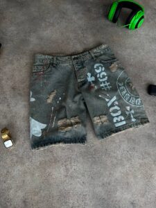 Мужские Синие Рваные Джинсовые Шорты в Модный Принт