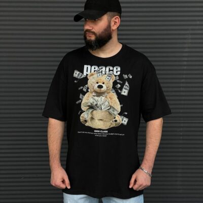 Мужская Свободная Футболка Черная Оверсайз - Хлопковая Свободная с Принтом "Money Teddy Bear"
