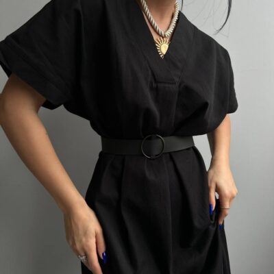 Женское Свободное Черное Платье Макси c V-образным Вырезом