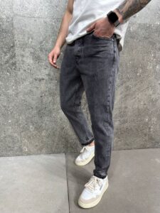 Мужские Свободные Джинсы Серые МОМ - Графитовый с Необработанным Краем