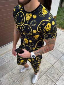 Мужской Черный Летний Комплект с Принтом "Yellow Smile" - Свободная Футболка + Шорты