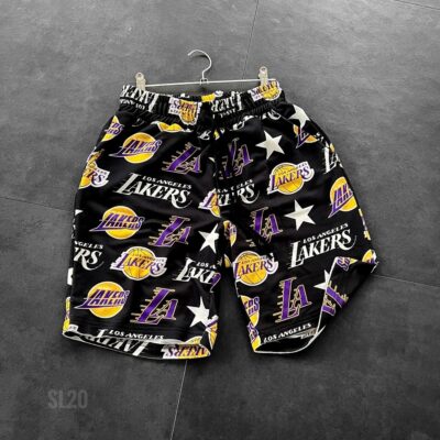 Мужские Летние Шорты Черные - Свободные Хлопковые с Принтом "Lakers"