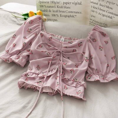 Женская Шифоновая Розовая Блуза - Цветочный Принт с Короткими Рукавами Фонариками и Завязкой на Груди