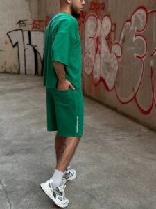 Мужской Летний Костюм Зеленый Оверсайз с Орнаментом - Комплект Футболка + Шорты