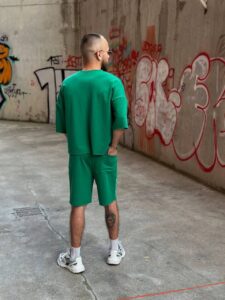 Мужской Летний Костюм Зеленый Оверсайз с Орнаментом - Комплект Футболка + Шорты