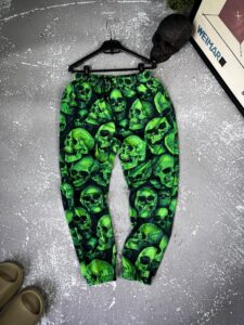 Мужские Принтованные Зеленые Спортивные Штаны с Черепами - Свободные Спортивки с Манжетами на Резинках