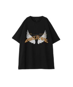 Мужская Черная Футболка Оверсайз с Принтом Серыми Крыльями и Надписью "Believe"