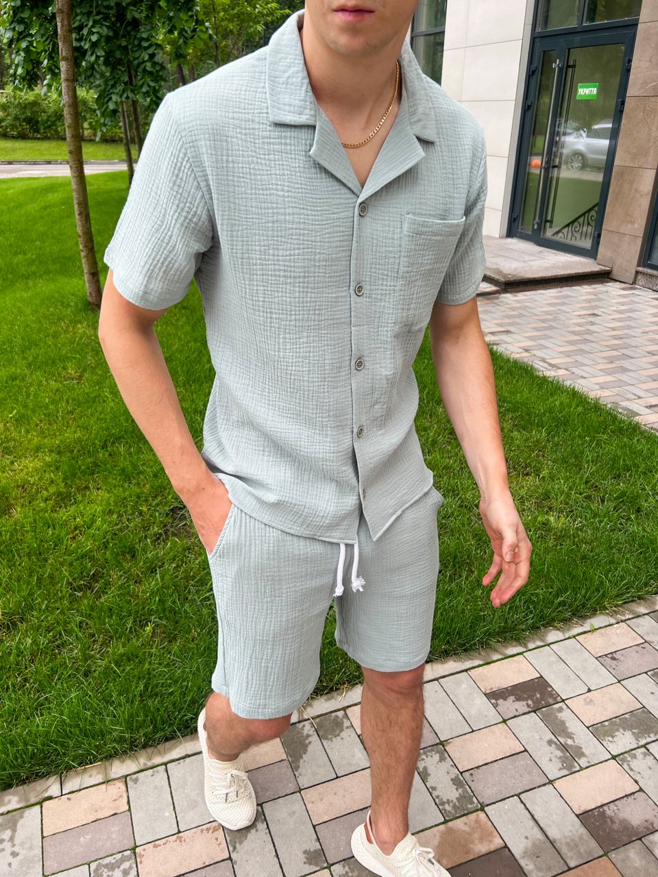 photo_2023-07-11_10-27-18 Мужской Летний Муслиновый Мятный Комплект Свободный - Рубашка с Короткими Рукавами и Шорты