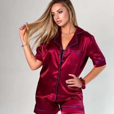 Женская Шелковая Бордовая Пижама с Синим Кантом - Ночной Комплект Рубашка и Шорты