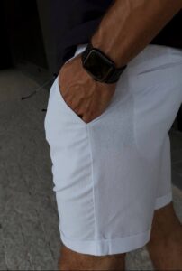 Мужской Базовый Льняной Летний Комплект Черная Рубашка и Белые Шорты