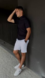 Мужской Базовый Льняной Летний Комплект Черная Рубашка и Белые Шорты