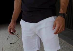 Мужской Базовый Льняной Летний Комплект Черная Рубашка и Белые Шорты