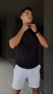 Мужской Базовый Льняной Летний Комплект Черная Рубашка и Белые Шорты