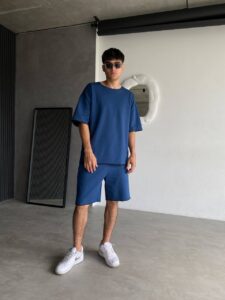 Мужской Базовый Летний Синий Комплект Двунитка Оверсайз - Футболка и Шорты