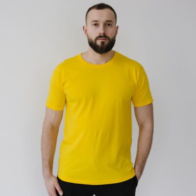 Мужская Базовая Желтая Футболка Прямого Кроя с Круглым Вырезом
