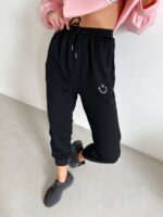 Женские Трикотажные Черные Штаны Джоггеры с Принтом Смайл