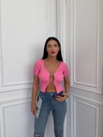 Женский Розовый Топ с Короткими Рукавами на Застежках