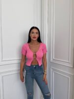 Женский Розовый Топ с Короткими Рукавами на Застежках