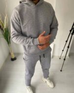 Мужской Базовый Спортивный Костюм Серый Меланж Свободного Фасона - Объемное Худи + Штаны с Манжетами