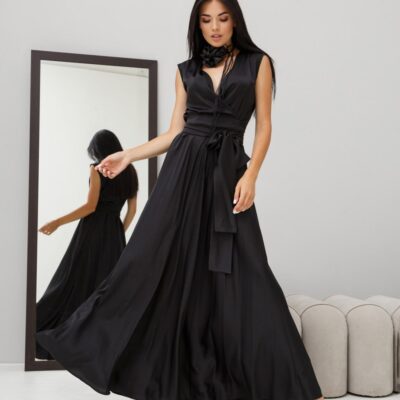 Женское Черное Шелковое Платье Фурор - Длинное Макси с Поясом на Запах