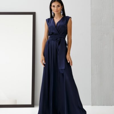 Женское Темно-Синее Шелковое Платье Фурор - Длинное Макси с Поясом на Запах