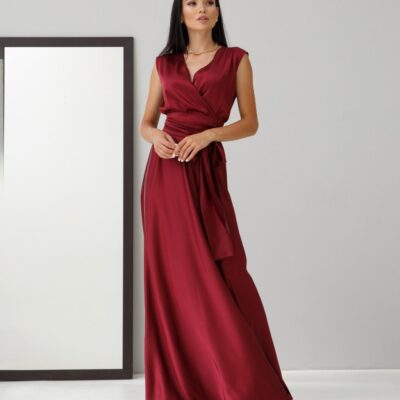 Женское Бордовое Шелковое Платье Фурор - Длинное Макси с Поясом на Запах