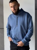 Мужское Базовое Синее Худи Оверсайз - Объемная Толстовка с Капюшоном на Кулиске