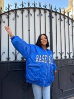 Женская Демисезонная Объемная Синяя Куртка Оверсайз - Бомбер с Надписью на Молнии с Большими Карманами