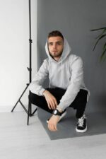 Мужское Базовое Серое Худи Меланж - Трикотажное Прямого Кроя