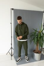 Мужской Демисезонный Спортивный Костюм Хаки Трехнитка Оверсайз (Худи + Джоггеры)