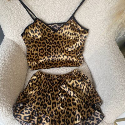 Женская Шелковая Леопардовая Пижама - Топ + Шорты